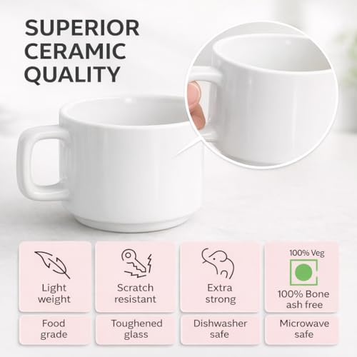 Image of Elegant White Ceramic Coffee Mug Set - 6 Pieces, 200 ML - Ideal for Daily Use in Office, Home and Restaurants