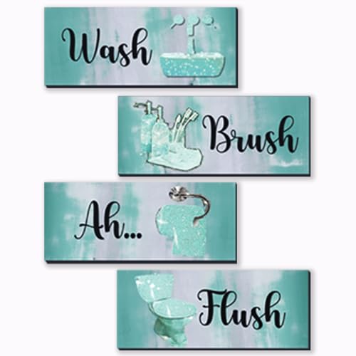 FENCORDAR 4 Pcs Teal Bathroom Decor Abstract Wall Decor Wooden Teal Bathroom Accessories Modern Funny Glitter Wall Art for Home Toilet Decoration 10x4 Inches