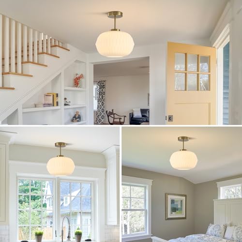 Image of Semi Flush Mount Ceiling Light Fixture Gold Brass Ceiling Light with White Striation Glass Shade Mid Century Modern Ceiling Light for Hallway Living Room Bedroom
