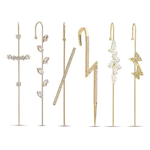 Ear Cuffs Crawler Hook Earrings for Women Gold Hypoallergenic Piercing Ear Wrap Climbers Earrings Simple Pearl Cubic Zirconia Rhinestone Hoop Earrings (Gold 6 PCS)