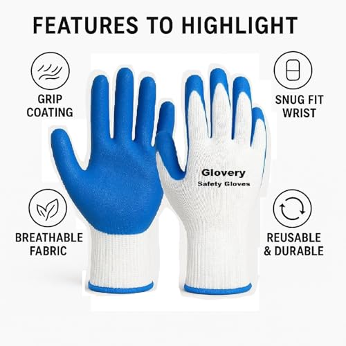Image of Nylon Safety Work Gloves with Nitrile Coating - Industrial-Grade Protection for Cleaning, Warehouse, Mechanics, Construction - Durable, Flexible, Non-Slip Grip (White & Blue, 10 Pair)