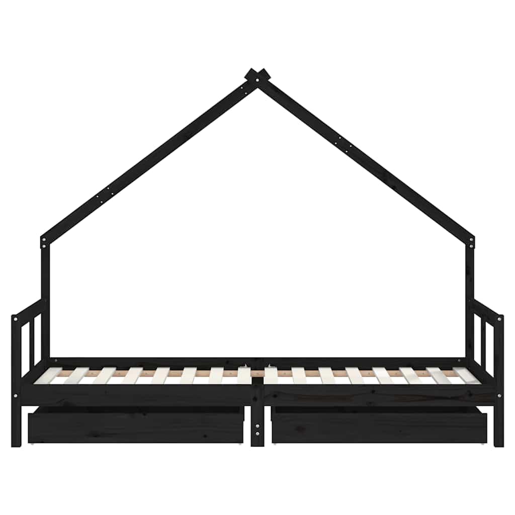 Cama infantil con cajones, color negro, 80 x 200 cm, madera maciza de pino, adecuada para niños a partir de 4 años, cama estable con espacio de almacenamiento y rejilla, ideal para dormitorio