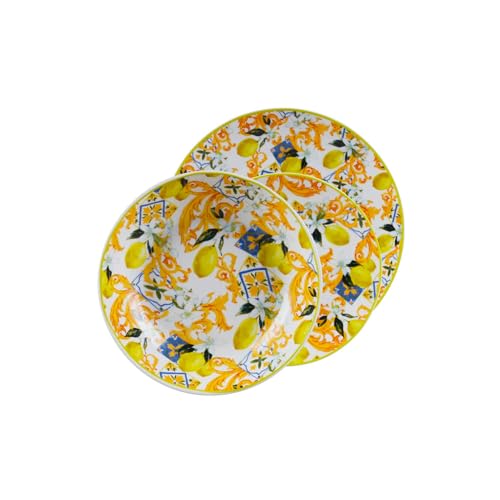 Servicio de platos de 18 piezas de porcelana con fantasía de limones de Sorrento – Juego compuesto por platos llanos, hondos y para dulces, ideal para cenas especiales y en familia – Juego de platos