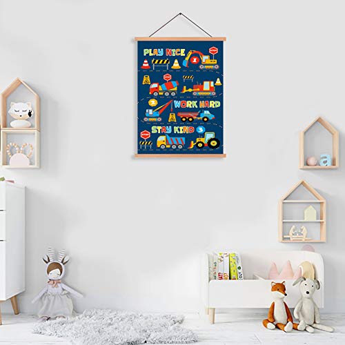 CHDITB Transport Vehicle Art Print,Construction Magnetic Natural Wood Hanger Frame Poster,Canvas Inspirational Quote-Play Nice,Work Hard,Stay Kind Painting 28X45cm Wall Hanging for Nursery Decor