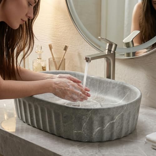 Image of BASSINO 22x14x6 Inches Ceramic Table Top Wash Basin /Designer Bathroom Sink /Matt Countertop Vessel Basin /Oblong-Oval Above Counter Basin /Wash Basin for Bathroom /Dining Hall(White and Grey Marble)