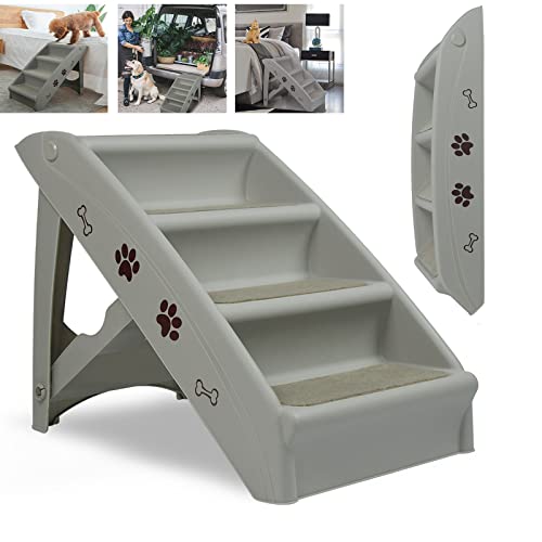 Scala per cani di piccola taglia: materiale: plastica PP + feltro. Colore: grigio. Dimensioni da aperto: 49 x 39 x 61 cm (lunghezza x larghezza x altezza). Dimensioni da piegato: 76,5 x 38 x 13 cm (lunghezza x larghezza x altezza). Dimensioni di ogni gradino: 34 x 15 x 12,5 cm (lunghezza x larghezza x altezza). Capacità di carico: 75 kg.