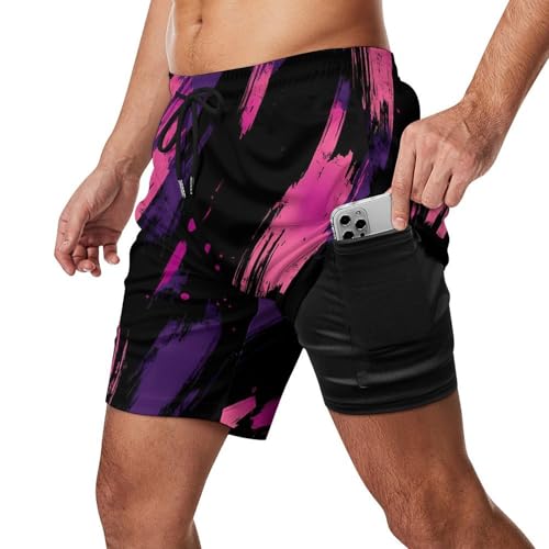 Pink-Purple Graffiti Men's Swim Trunks with Compression Liner Beach Shorts with Pockets Quick Dry2