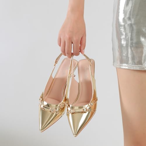 Image of Mostrin Kitten Heels for Women Pointed Toe Pumps Patent Leather Low Heel Slingback Heels with Buckle Dress Shoes for Dating Party Working