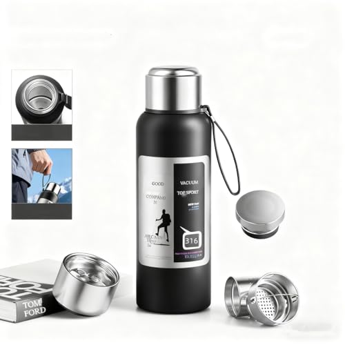 HYANGTTAI 魔法瓶 保温 水筒 ステンレス 800ml 大容量 持ち運び便利 真空断熱 茶と水を分離する オートシール 保冷・保温 漏れ防止 耐衝撃 アウトドア/家庭/ビジネス おしゃれ ギフト対応 ブラック