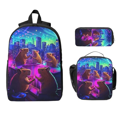 capybara city decor Backpacks 3 Pcs Cute Lightweight Daypack with Fun Graphic Cartoon Print for Daily Commute