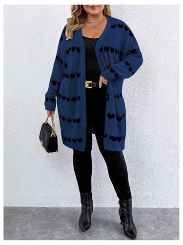 Image of MakeMeChic Women's Plus Size Long Cadigan Sweaters Casual Open Front Kint Lightweight Cadigan Heart Long Sleeve Outerwear