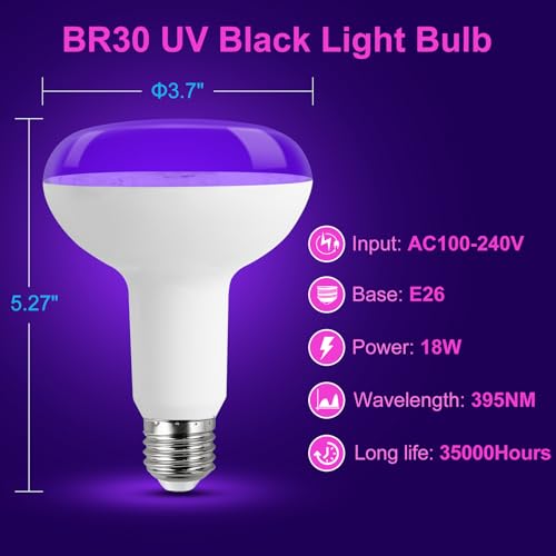 Image of BR30 Black Light Bulbs UV, 18W, 385-400nm Wavelength, 2-Pack for Glow in The Dark, Fluorescent Posters, Halloween, Christmas, Body Paint.