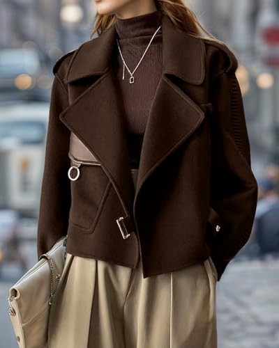 chouyatou Women's Business Casual Wool Coat Suit Top Open Front Loose Dressy Blazer Jacket Trench Coat4