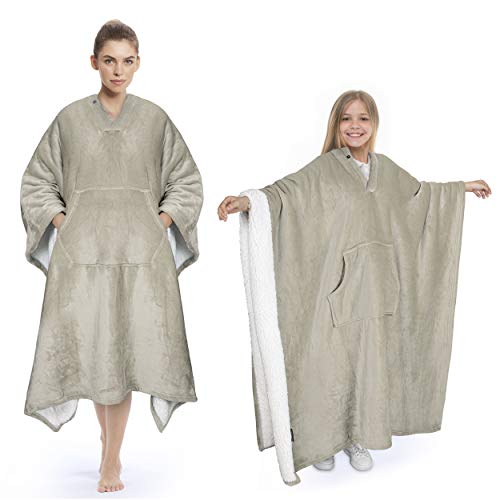 Tirrinia Sherpa Wearable Blanket Super Soft Comfy Plush Fleece Poncho for Adult Women Men Kids Throw Wrap Cover Indoors or Outdoors, 55''x 80'' Camel