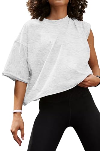 Image of HUGOOME Womens Oversized Workout Crop Top Casual Short Sleeve Boxy Roll Hem | Basic Half Split Sleeve Drop Shoulder Loose Yoga Running Gym Tee Cropped T-shirt Solid Trendy Relaxed Daily Tee