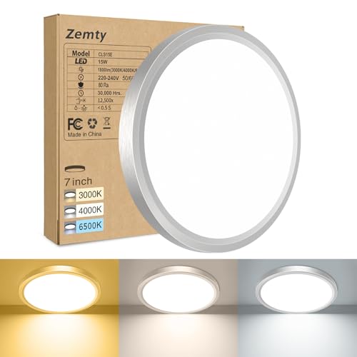 zemty 3Farben 3000/4000/6500K LED Deckenleuchte Flach, 15W 1800LM Ø18cm Deckenleuchten, Nickel Rund Ultra Dünn Deckenlampe LED Lampen Deckenlampen,Deckenbeleuchtung für Badezimmer,Küche