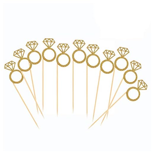 50 Pack Cupcake Toppers Gold Glitter Mini Diamond Ring Cakes Toppers for Marriage Engagement Anniversary Birthday Valentines Party Cake Decor