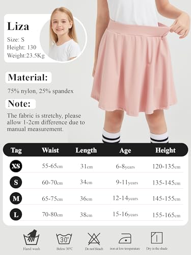 Eisnnu Mädchen Rock Kinder Tennisrock mit Shorts Elastische Taille A Linie Dehnbarer Kinder Freizeitröcke Minirock Schuluniform(12-14Jahre,Rosa,M)