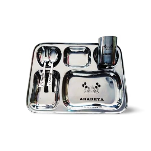 Image of Stainless Steel Printed Namoh Customizations Customized Thali Set for Kids with Name: Personalized thali Set with Name, Silver