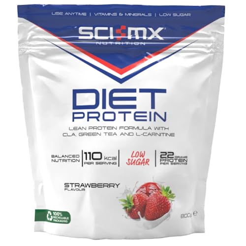 SCI-MX Diet Whey Protein Powder + Vitamins & Green Tea CLA & L-Carnitine - Strawberry Low Sugar 22g Protein + 110 Calories per Serving 800g