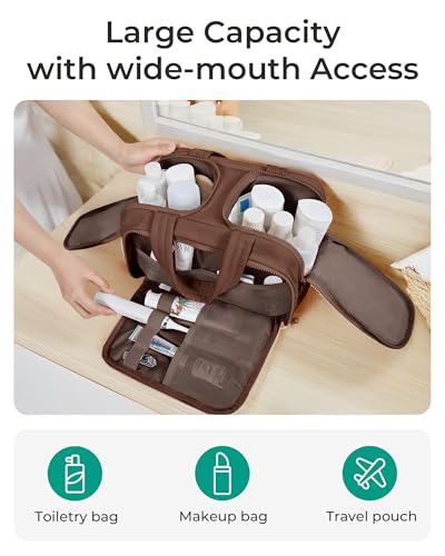 Image of BAGSMART Travel Toiletry Bag, Puffy Toiletry Bag for Women, Wide-open toiletry bags for traveling, Large Travel Cosmetic Makeup Bag Organizer for Accessories,Toiletrie (Coffee Brown)