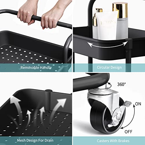 Alvorog 3-Tier Rolling Utility Cart Movable Storage Organizer Shelves With Wheels And Hanging Cups Multifunctional Service Cart For Kitchen, Office, Coffee Bar-Black #TOP2