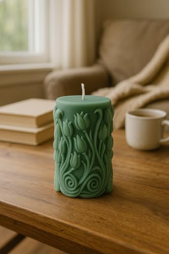 Image of Premium Vanilla Tulip Carved Candle - Handcrafted Decorative Scented Candle for Home Decor, Gifting & Romantic Ambience, Upto 25 Hours Burn time (Green, Vanilla)
