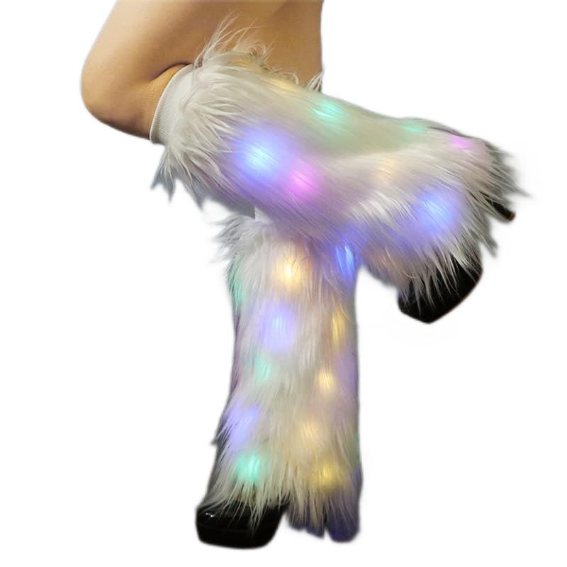 Abien Light Up White Fur Leg Warmers Fuzzy Boot Sleeves with Neon Rave Led Boot Covers for Rave Party Concert Festival Disco for Women