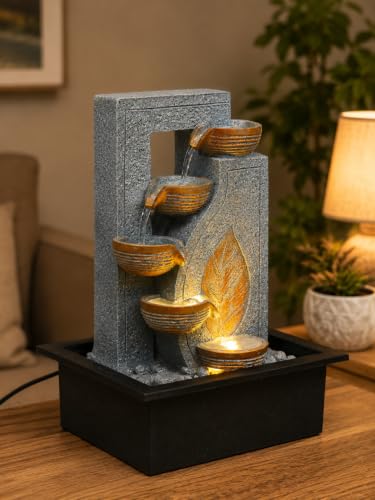 Image of CHRONIKLE Indoor Tabletop Water Fountain with Warm LED Light & Controller Pump | Golden Leaf Designer 4 Diya Step Cascade Polyresin Waterfall Fountain for Home, Meditation Decor | Grey | 40x29.5x22 CM