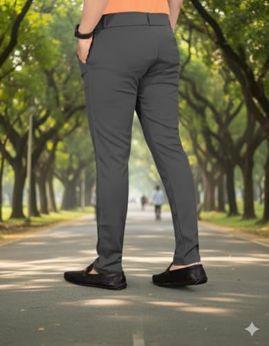 Image of Men's Classic Track Pants, Slim Fit, Lycra Blend Stretchable Business Casual Dress Pants, 4 Pockets, Button and Zipper Closure