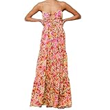 Summer Floral Sundress for Women Spaghetti Straps Hollow Out Tie Front Maxi Dress Flowy Smocked Bohemia Dress (Mixed Color, XL)