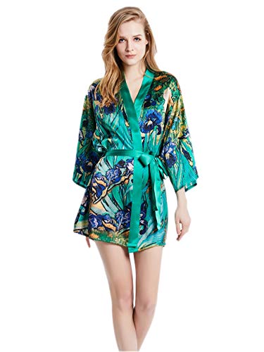 Prettystern Damen Seidenkleid kurz Mini-Kimono 100% Seide mit Gürtel eleganter Morgenmantel Yukata für Sommer & Zuhause Mi01 van Gogh -...