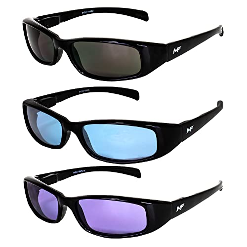3 Pairs of MF Eyewear Bad Attitude Motorcycle Glasses Shatterproof Polycarbonate Black Frame UV400 Filter Scratch-Resistant Motorcycle Riding Glasses Smoke Blue & Purple Lenses