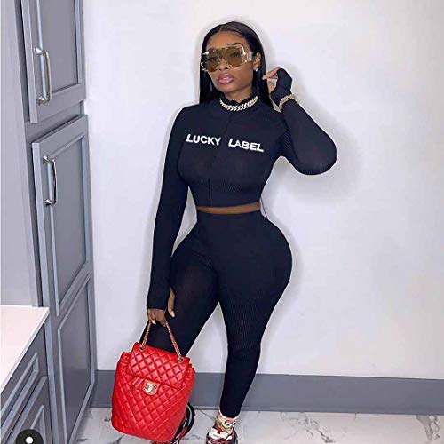 2 Piece Outfits for Women - Casual Two Pc Long Sleeve Crop Top + Skinny Jogger Pants Sweatpants Sets Sweatsuits Tracksuits Jumpsuits Clubwear Black Large - Thumbnail 7