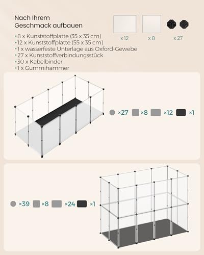 SONGMICS Kleintiergehege mit Bodenplatten, Laufstall mit Abnehmbarer und wasserfester Unterlage, Gehege für Hamster, Kaninchen, Meerschweinchen, 145 x 73 x 57 cm, weiß LPC013W01