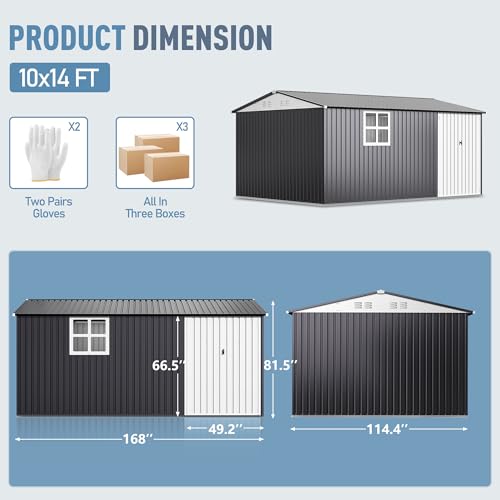 Image of AirWire 14x10 FT Outdoor Metal Storage Shed with Window, Heavy-Duty Galvanized Steel Tool Shed with Lockable Doors, Waterproof Garden Shed for Backyard, Patio, Lawn, Black