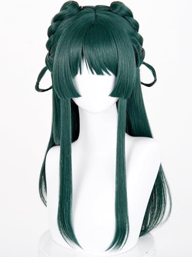 Image of Half and Half Maomao Cosplay Wig + Braid Hair Clips, 22.8'' Long Straight Dark Green Anime Wigs with Bangs for Women Halloween Party Daily