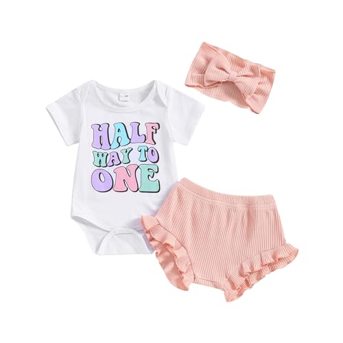 Baby Girl Half Birthday Outfit Half Way to One Short Sleeve Romper Ruffle Shorts Set Infant Summer Clothes Headband