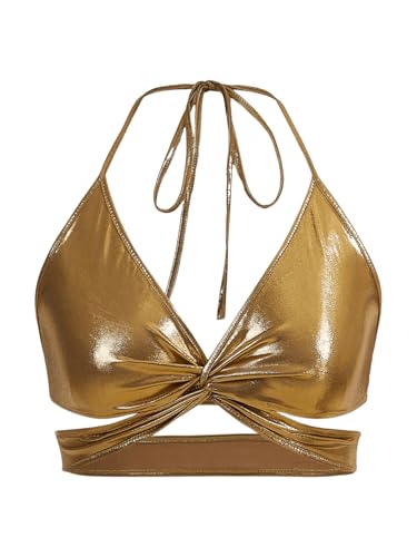 OYOANGLE Women's Metallic Twist Front Halter Tops Deep V Neck Backless Wrap Crop Cami Top Gold Small