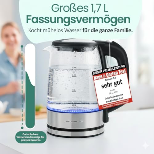 EMERIO Glas Wasserkocher mit 1.7 Liter Volumen | 2200 Watt | blaue LED Innenbeleuchtung | 360° Basis | SIEGER Preis/Leistung Haus & Garten Test | bestes Borosilikatglas | Auto Off | WK-119988.7