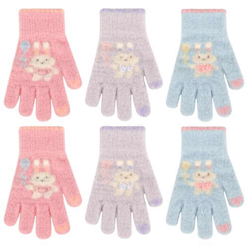 QKURT 3 paia di guanti magici per bambini con motivo a coniglio, caldi guanti lavorati a maglia, guanto invernali a dita intere, guanto per bambini per il freddo, per il calore quotidiano, età 4-10