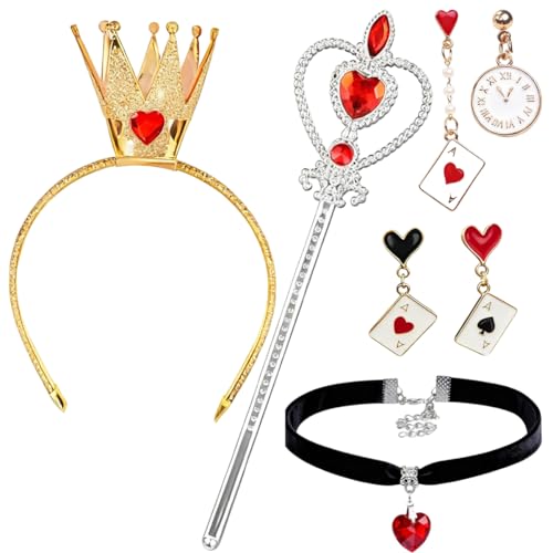 EduPlayte 5 pezzi costume da regina, fáscia coroa collana com strass scettro ciondolo a forma di cuore rosso e nero orecchini di Halloween gioco di ruolo festa di compleanno