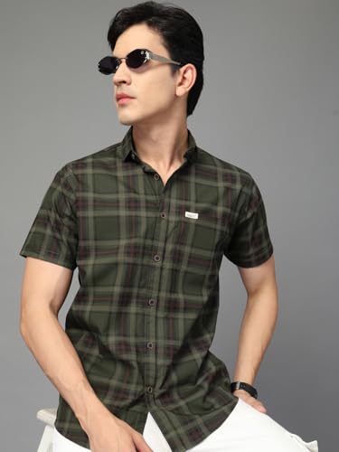 Image of Majestic Man Men's Slim Fit Premium Pure Cotton Plaid Check Half Sleeve Casual Shirt
