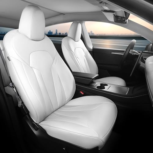 FEINEPRO Upgrade for Tesla Model Y Seat Covers 2024 2023 2022 2021 2020 5-Seater, Full Set Custom Fit, Waterproof Faux Leather, Breathable & Easy to Install – White