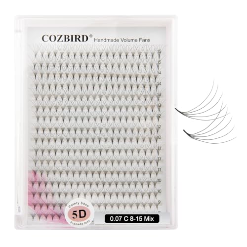 COZBIRD Premade Lash Fans Eyelash Extensions Pointy Base Sharp Narrow Stem Volume Pre Fanned Lashes 320 Fans 5D 0.07mm D curl 8-15mm Mix Tray Fluffy Matte Black Soft
