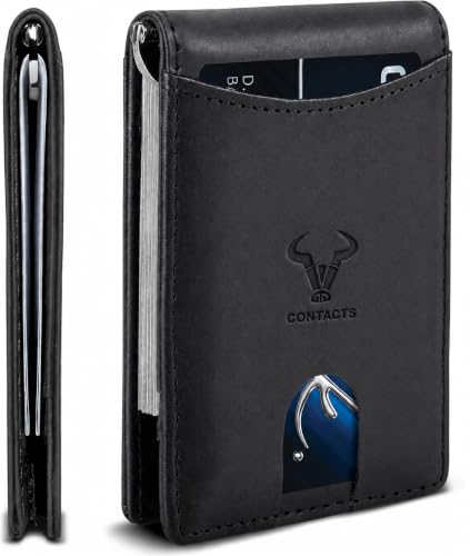Image of Contacts Genuine Leather Money Clip Wallet Slim Front Pocket RFID Blocking Card Holder Minimalist Mini Bifold for Men's with Smart Pull Strap, 8 Card Slots, 1 Photo ID (Black)