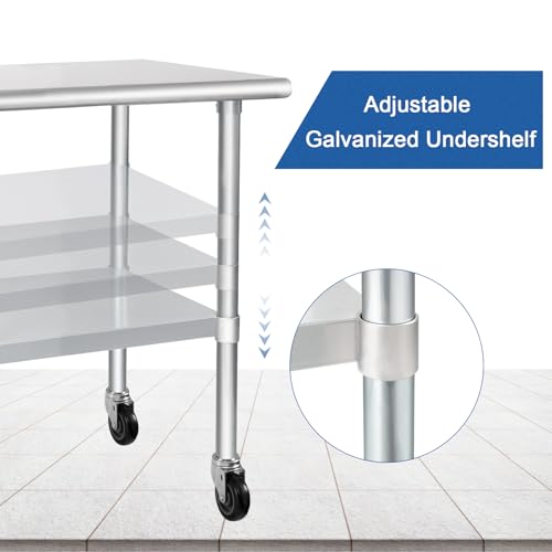 Image of HARDURA Stainless Steel Table with Wheels 30 x 36 Inches Casters NSF Heavy Duty Commercial Prep Table with Undershelf and Galvanized Legs for Food Prep