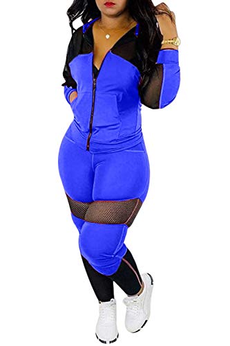 Womens Sexy Mesh Patchwork Zip Up Hoodie Jacket Two Piece Outfits Skinny Long