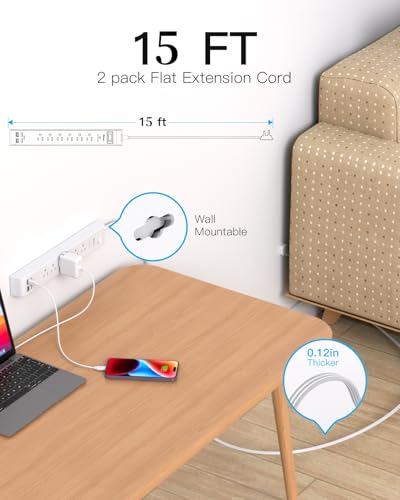 Image of 2 Pack Extension Cord 15FT, Power Strip Surge Protector with 6 Outlets and 4 USB Ports (2 USB C), Flat Plug Overload Protection, Extension Cord with Multiple Outlets, Wall Mount for Home Dorm College
