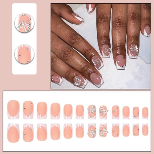 Sutaozhi 24Pcs Short Press On Nails Square Fake Nails With Butterfly Charms White French Tip Acrylic Nails Cute False Nails Nude Pink Full Cover Glue On Nails Extra Short Coffin Stick On Nails For Women Girls thumb #1